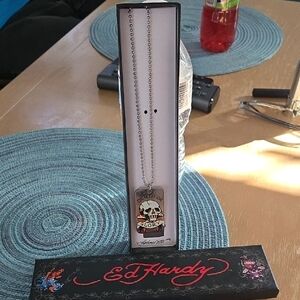 Ed Hardy Skull Pendant Necklace with Silver Chain